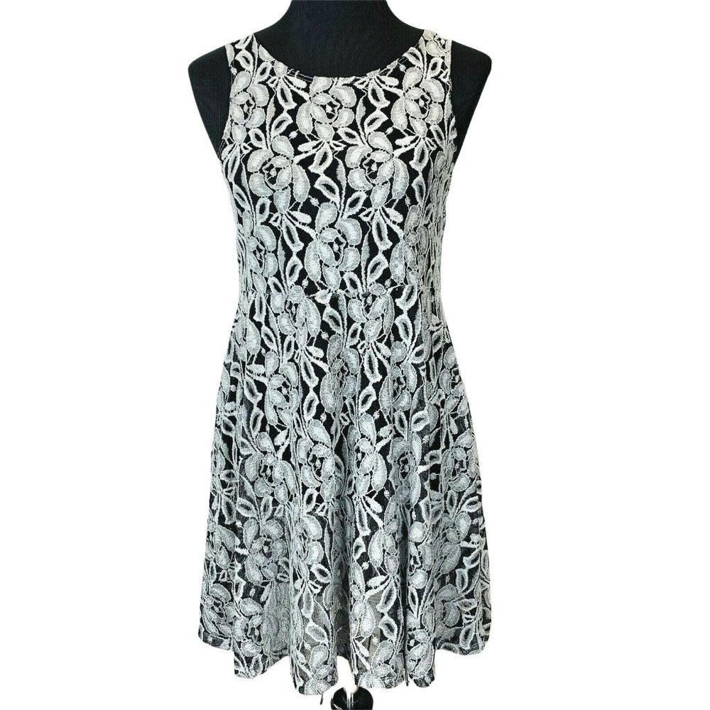 Free People Lace Skater Dress size S Sheer Gray Black Sleeveless Fit Flare